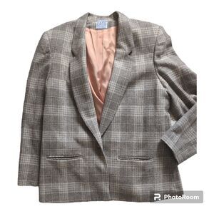 Vintage Koret Career Blazer Jacket Tan & Brown Plaid With Soft Orange Lining SM